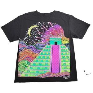 Cozumel Mexico Chichen Itza Neon Dot Art Graphic T-Shirt Black Adult Large